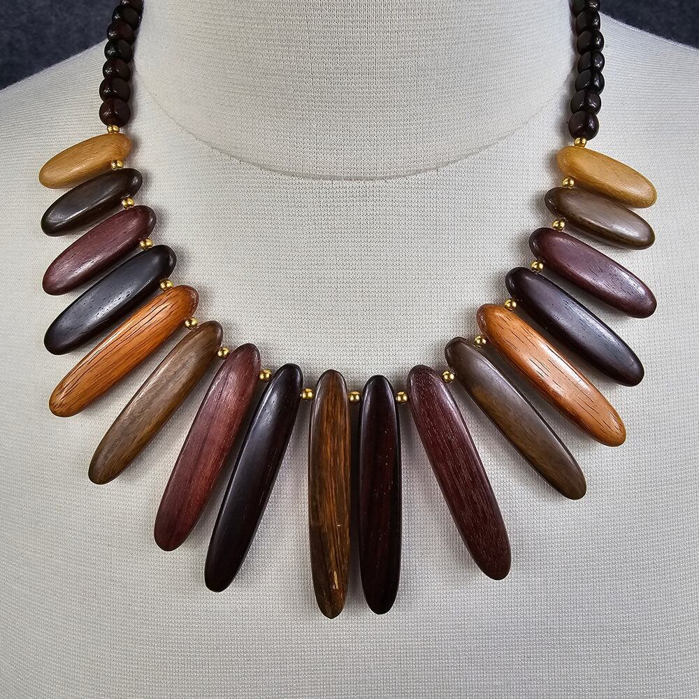 Vintage Mid Century Style Bib Necklace Boho Tribal Exotic Hardwood Statement